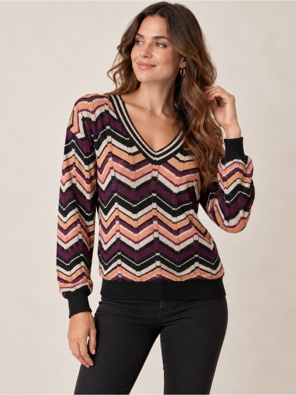 Nekane Chevron Knit V-Neck Sweater Purple Black Peach Cream S M NWT